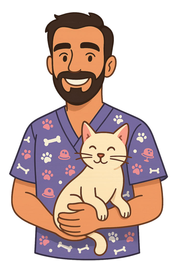 Erkek veteriner, beyaz kediyle kamera karşısında