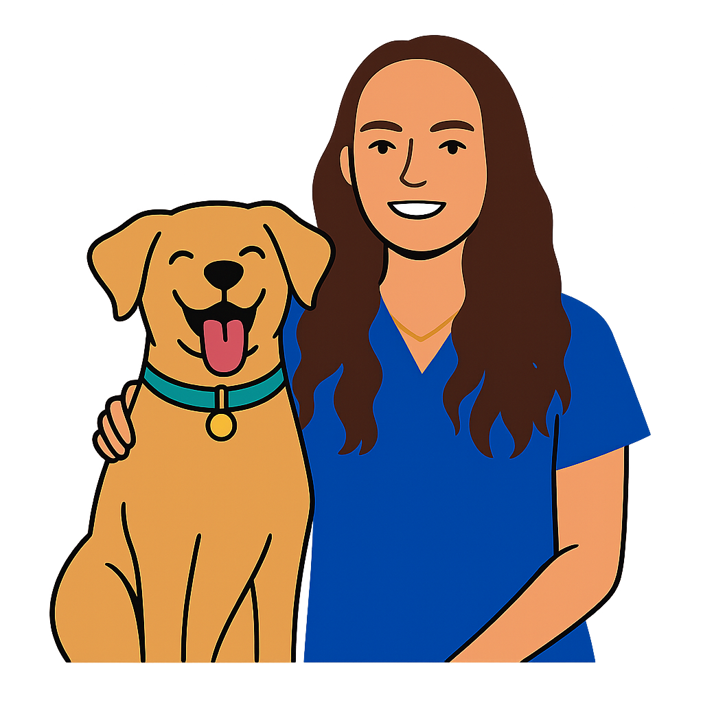 Kadın ve sarı köpek birlikte gülümsüyor