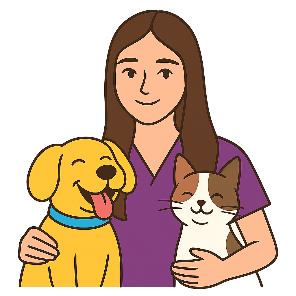 Kadın veteriner köpek ve kediyle poz veriyor